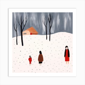 Winter Snow Scene, Tiny People And Illustration 2 Art Print
