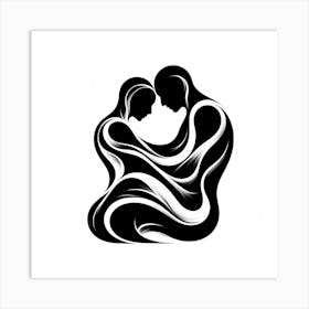 Title: "Embrace in Monochrome"  Description: "Embrace in Monochrome" is an abstract portrayal of a couple's intimate moment, their forms melded in an eternal dance of lines and curves. This striking black and white artwork, with its flowing design, embodies themes of love, connection, and unity, perfect for captivating a market seeking romantic, minimalist art. It’s a timeless piece for anyone looking to add a touch of elegance and passion to their space. Art Print
