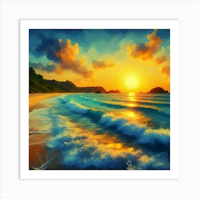 Generate An Impressionist Style Oil Painting Of A Stunning Beach During Sunset 1 Art Print