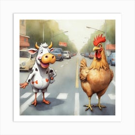 Chicken And Cow Crossing The Street Art Print