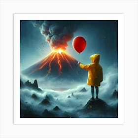 A Boy Wearing A Yellow Rain Coat Holding A Red Ballon, Standing In Front Of A Smokey Volcano, Digital Art 2 Art Print