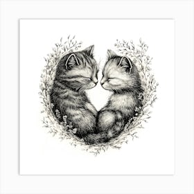 Delicate Ink Drawing of Cats Love Heart 12 Art Print