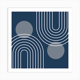 Mid Century Modern Geometric In Navy Blue And Grey (Rainbow And Sun Abstract) 02 Art Print