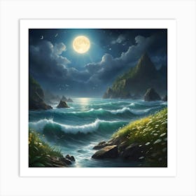 Moon High In Night Sky Waves Crashing On The Shore Art Print