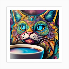 Cat With A Cup Of Coffee Whimsical Psychedelic Bohemian Enlightenment Print 3 Art Print