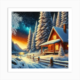 Cabin At Night 1 Art Print