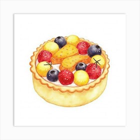 A Watercolor Depiction Of A Fresh And Colorful Fruit Tart With A Buttery Crust And Cream Filling Art Print