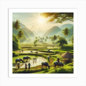 Sunrise Over Rice Fields In Vietnam Art Print