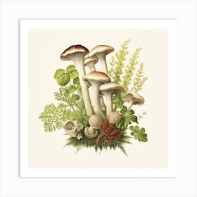 Puffballs under cover - mushroom art print - mushroom botanical print Art Print