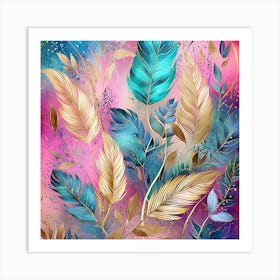 Gold And Blue Feathers Art Print