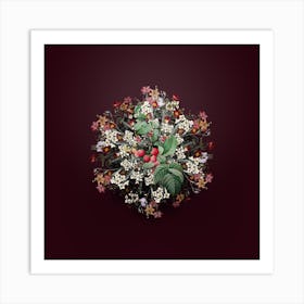 Vintage Red Berries Flower Wreath on Wine Red Art Print