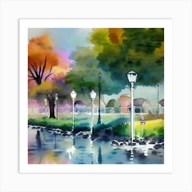 Watercolor Of A Park Landscape Art Print