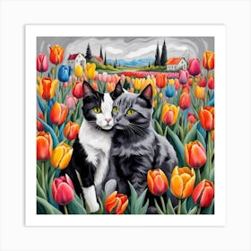 Cats In Tulips Art Print