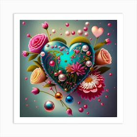 Heart With Flowers And Pearls Art Print