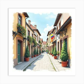 Watercolor View Of English Streets With Romanian Festival Decorations 1 Art Print