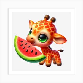 Giraffe Eating Watermelon 1 Art Print