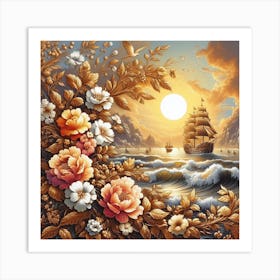 A magical sunset on a sailing ship in the ocean Art Print