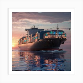 Cargo Ship At Sunset 1 Art Print