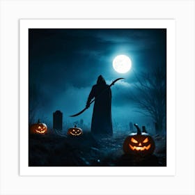 Reaper Silhouette Scythe Raised Against A Backdrop Of A Full Moon On Halloween Night With Wisps O (3) Art Print