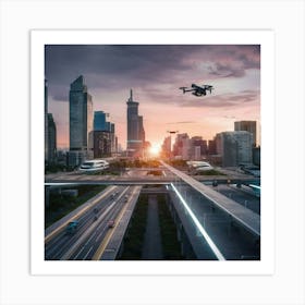 Drone Flying Over A City Art Print