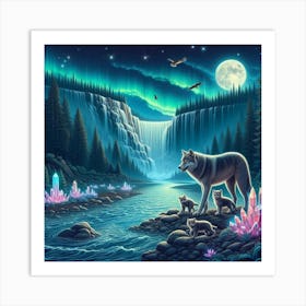 Wolf and Cubs by Crystal Waterfall Under Full Moon and Aurora Borealis Art Print
