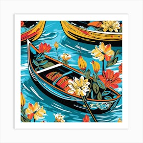 Thai Boat Pattern With Flowers Art Print