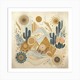 Cactus And Cactus.Boho art, moon and yellow squiggly line, American style. Art Print