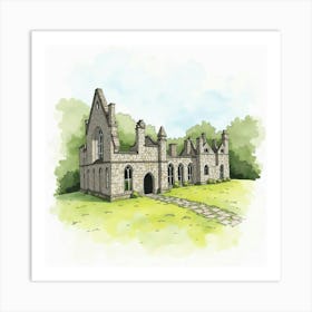 Watercolor Illustration Of The Llanthony Priory In Wales, Capturing Its Historic Ruins And Tranquil Setting Art Print