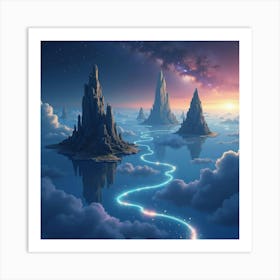 Watercolor Floating Islands With Glowing Rivers In The Vastness Of Space 1 Art Print