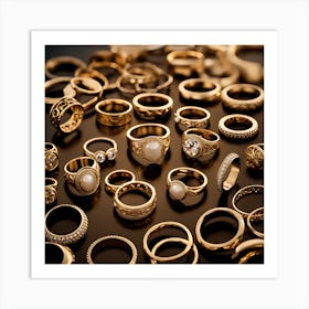 Gold Rings On Black Background Art Print