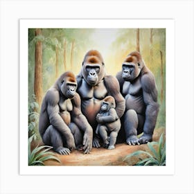 Family Of Gorillas Wildlife Art Print