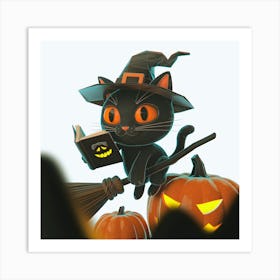 Halloween Cat On Broom 1 Art Print