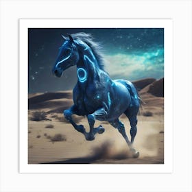 Blue Cyber Horse Running In The Desert Art Print