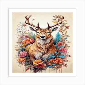 Deer With Roses Art Print