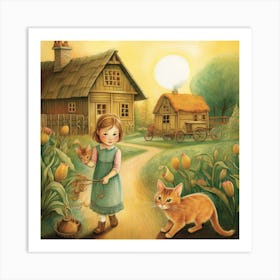 Little Girl And Her Cat Art Print