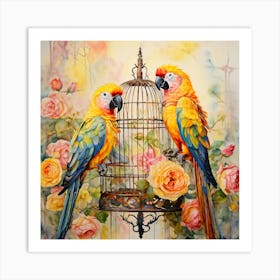 Parrots And Roses Art Print