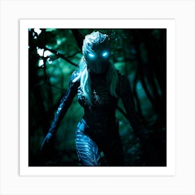 Neon futuristic lady in the woods Art Print