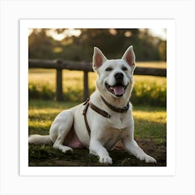 White Dog Sitting In The Grass Art Print