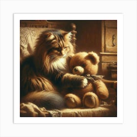 Cat And Teddy Bear Art Print