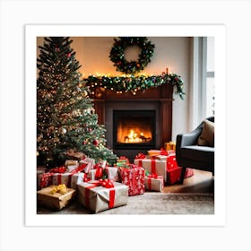Christmas Presents Under Christmas Tree At Home Next To Fireplace (6) Art Print