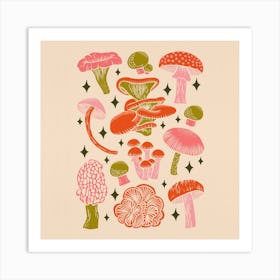 Texas Mushrooms   Bright Multicolor On Tan Square Art Print