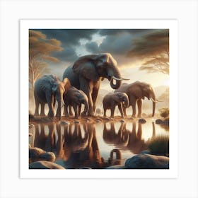 Elephants By The Water 1 Art Print