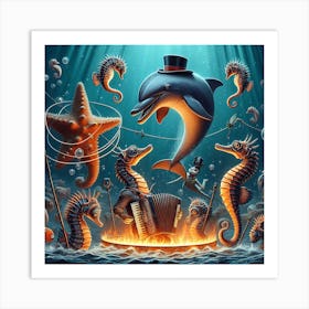 Dolphins And Seahorses Art Print