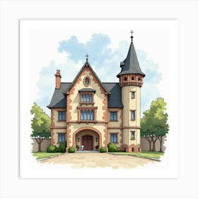 A Historical English Town Hall With Classic Architecture, Watercolor Style 1 Art Print