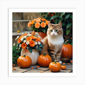 Cat With Pumpkins And Flowers Art Print