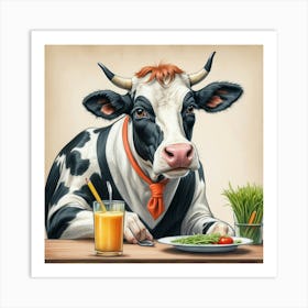 Cow At The Table Art Print