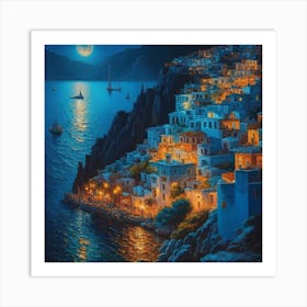 Santorini Greece Town At Night Art Print