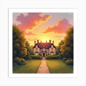 Sunset Over An English Manor, Watercolor With Golden And Pink Hues 1 Art Print