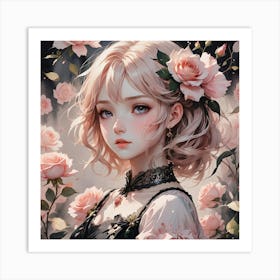 Anime Girl With Roses 1 Art Print