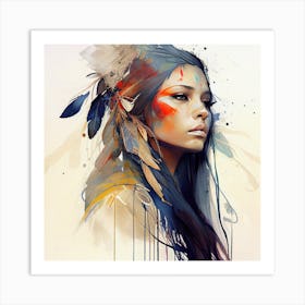 Watercolor Floral Indian Native Woman #13 Art Print